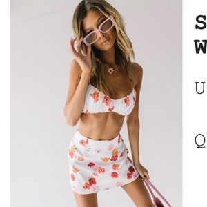 2 piece white floral satin set.